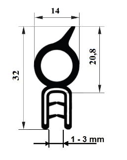 Profil keder priamy PIRELI-U EPDM 60°Sh GA3321, plech 1-3mm