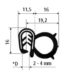 Profil keder bocny PIRELI-U EPDM 60°Sh GA2.540, plech 2-4mm
